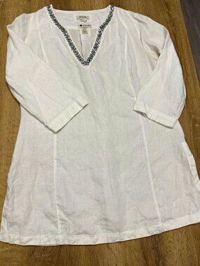 MALVIN Women's L White Linen V-Neck 3/4 Sleeve Beaded Pullover Blouse